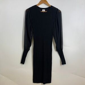 Cabi Duet Dress 4455 Black Ribbed‎ Sheer Sleeve Sweater Dress Size S